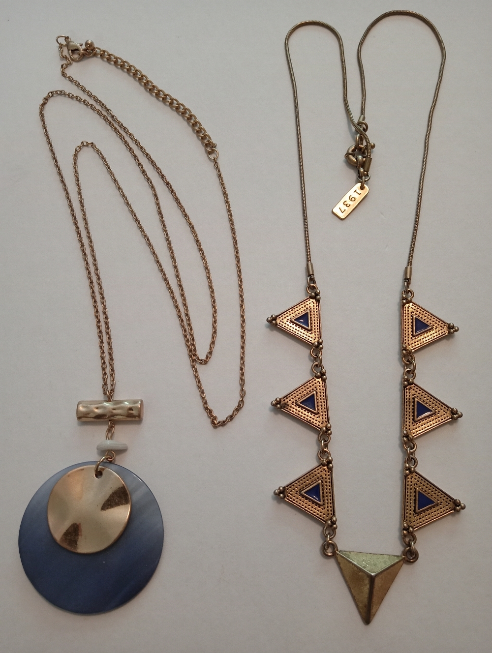 #1203. 2 Piece Gold Toned, Shell Pendant & Blue Statement Necklace Bundle